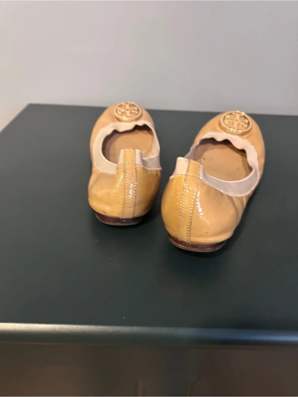 Tory Burch Patent Leather Ballet Flats in Tan with Cream Trim